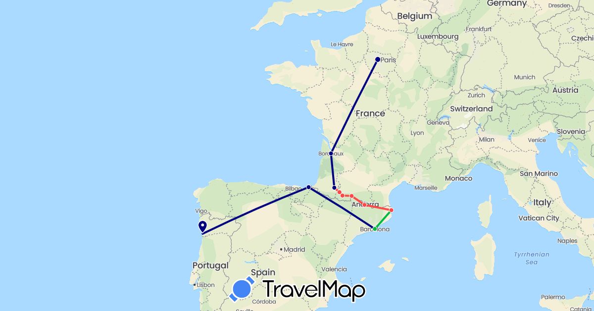TravelMap itinerary: driving, bus, train, hiking in Andorra, Spain, France, Portugal (Europe)